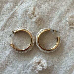 Gold White Beaded Hoops